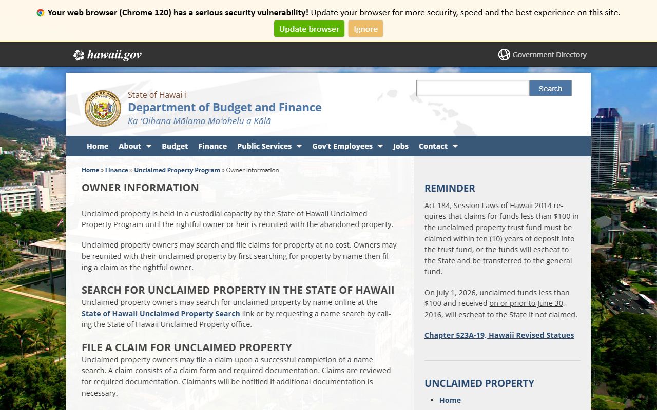Hawaii state owner information page for Ewa Beach unclaimed money claimants