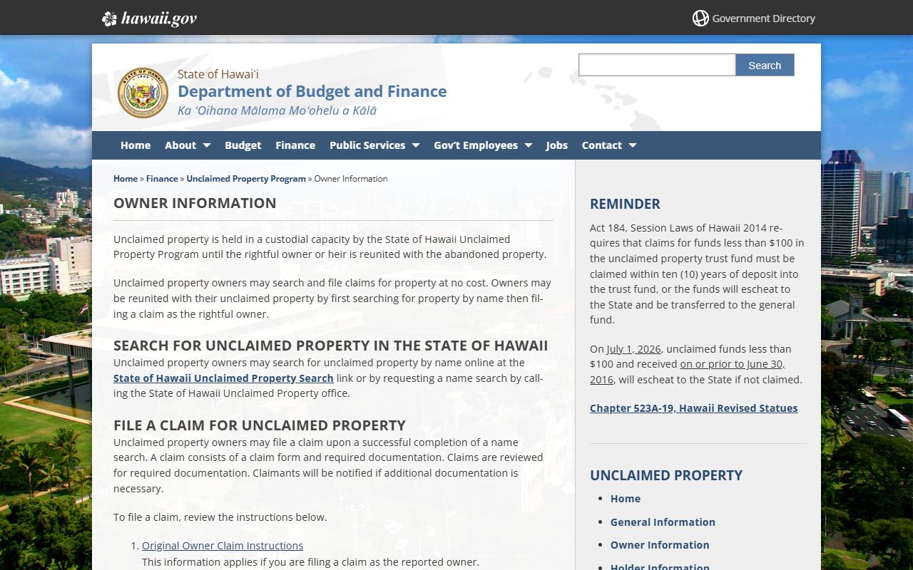 Hawaii state unclaimed property owner information page for Makakilo residents