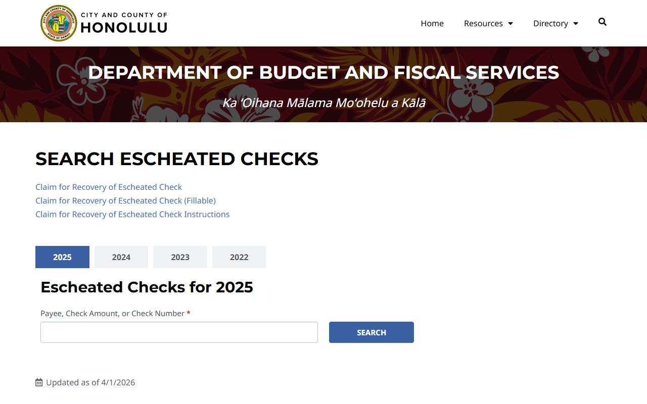 Mililani Town unclaimed money Honolulu escheated checks search