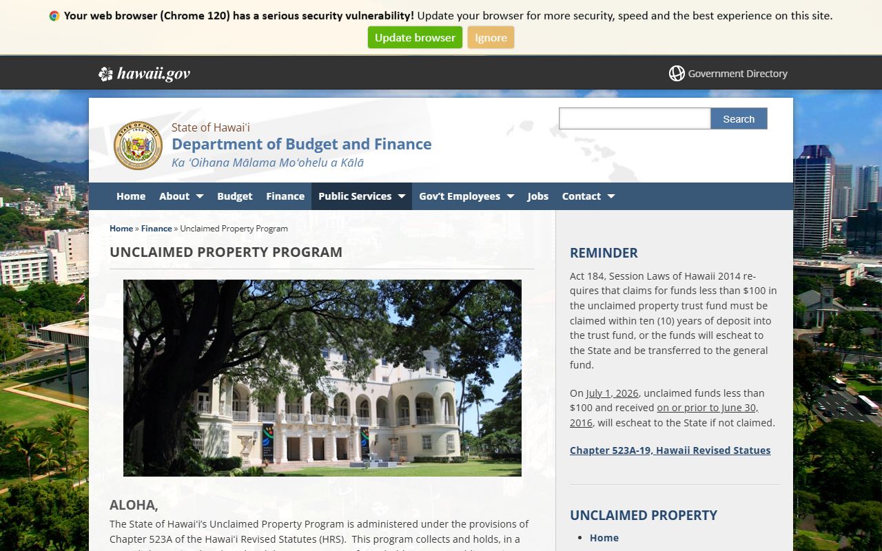 Hawaii state unclaimed property main page for Urban Honolulu residents