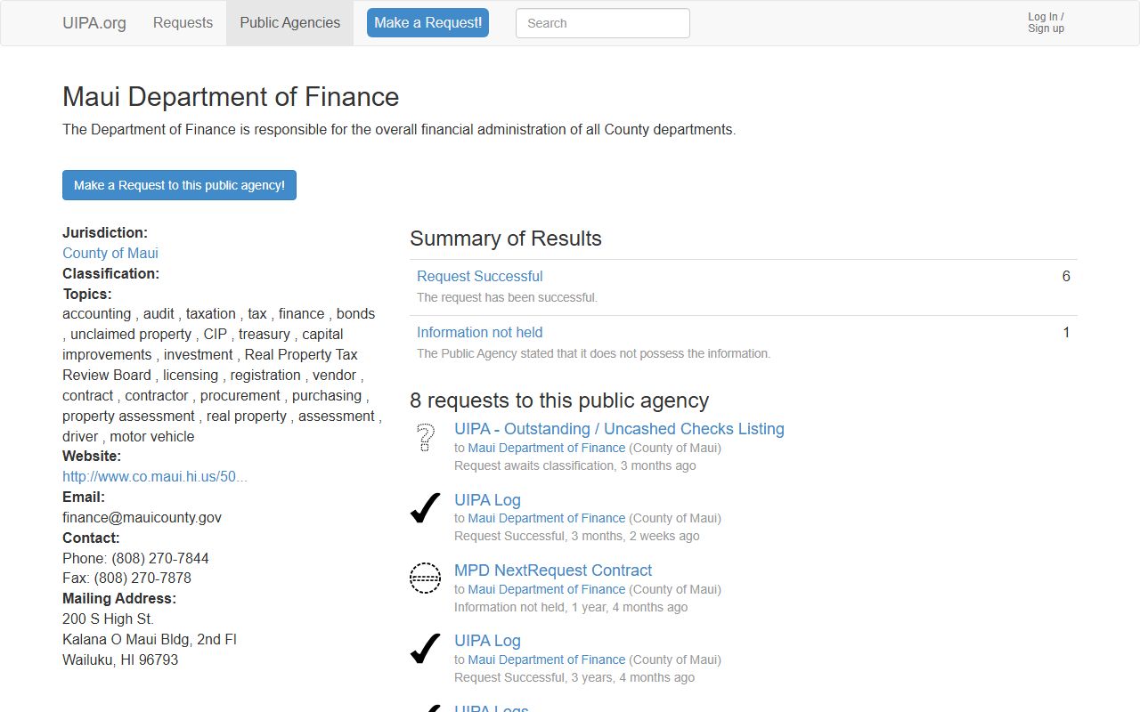 Wailuku Maui County Department of Finance office contact and services