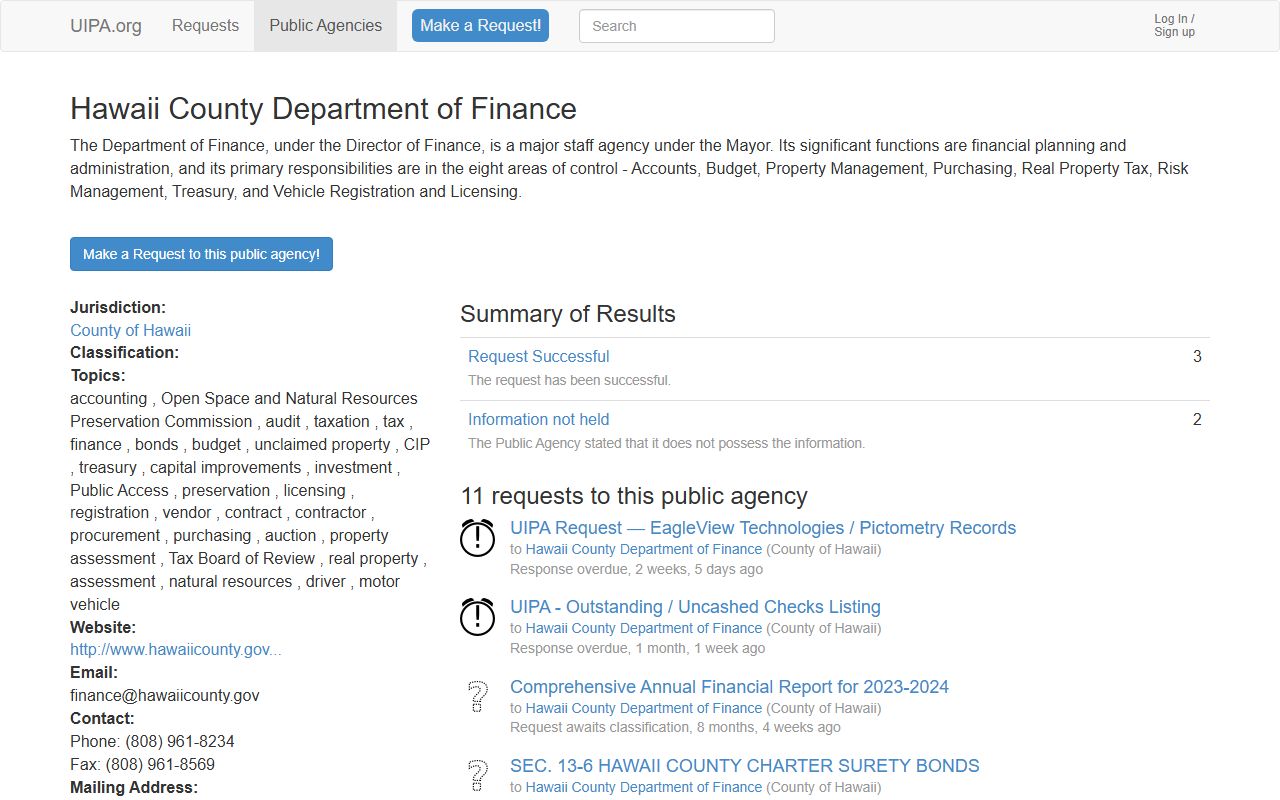 Hawaii County Department of Finance unclaimed money resources