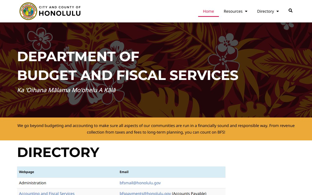 Honolulu County Budget and Fiscal Services unclaimed money page