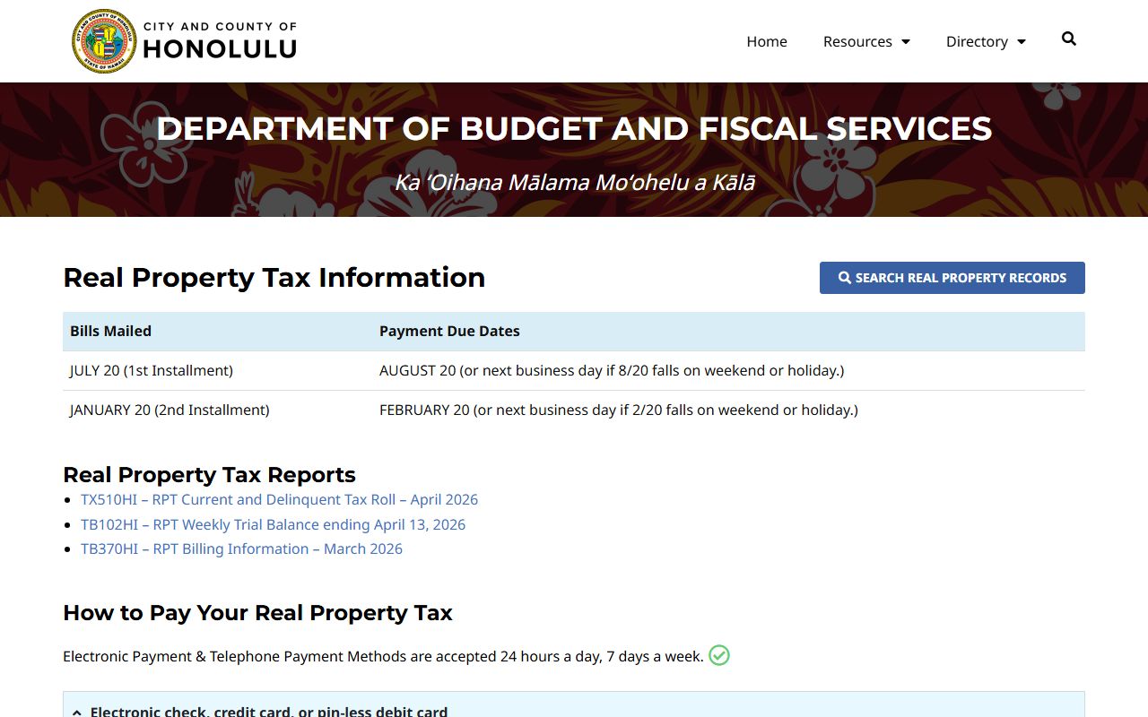 Honolulu County Treasury Division unclaimed checks office