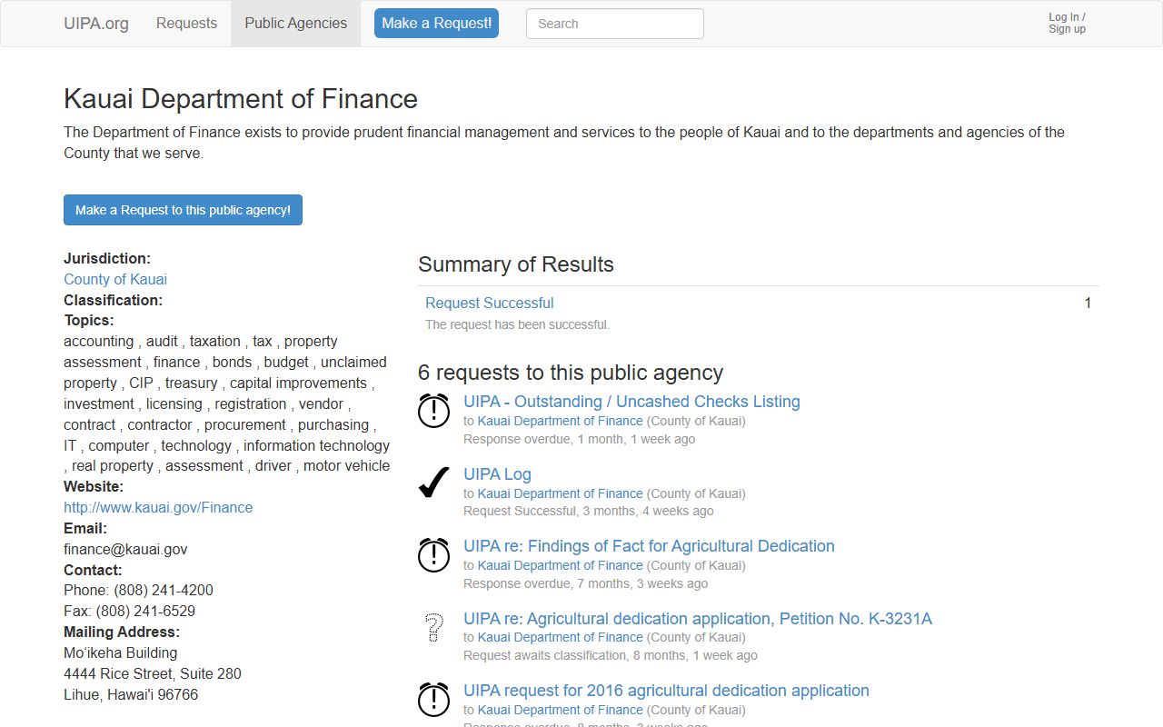 Kauai County Department of Finance UIPA profile for unclaimed money reference