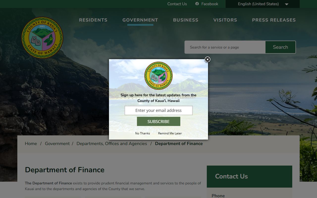 Kauai County Finance Department page showing county financial services