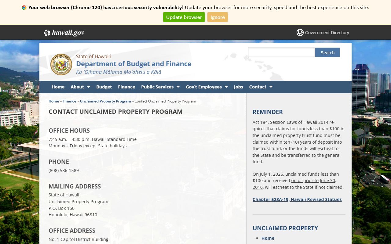 Hawaii Unclaimed Money - Contact the Unclaimed Property Program Office