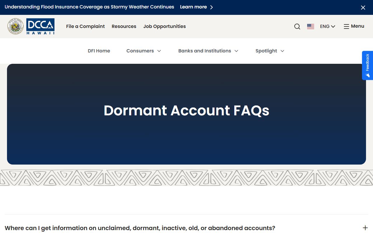 Hawaii Unclaimed Money - Dormant Account FAQ from DCCA
