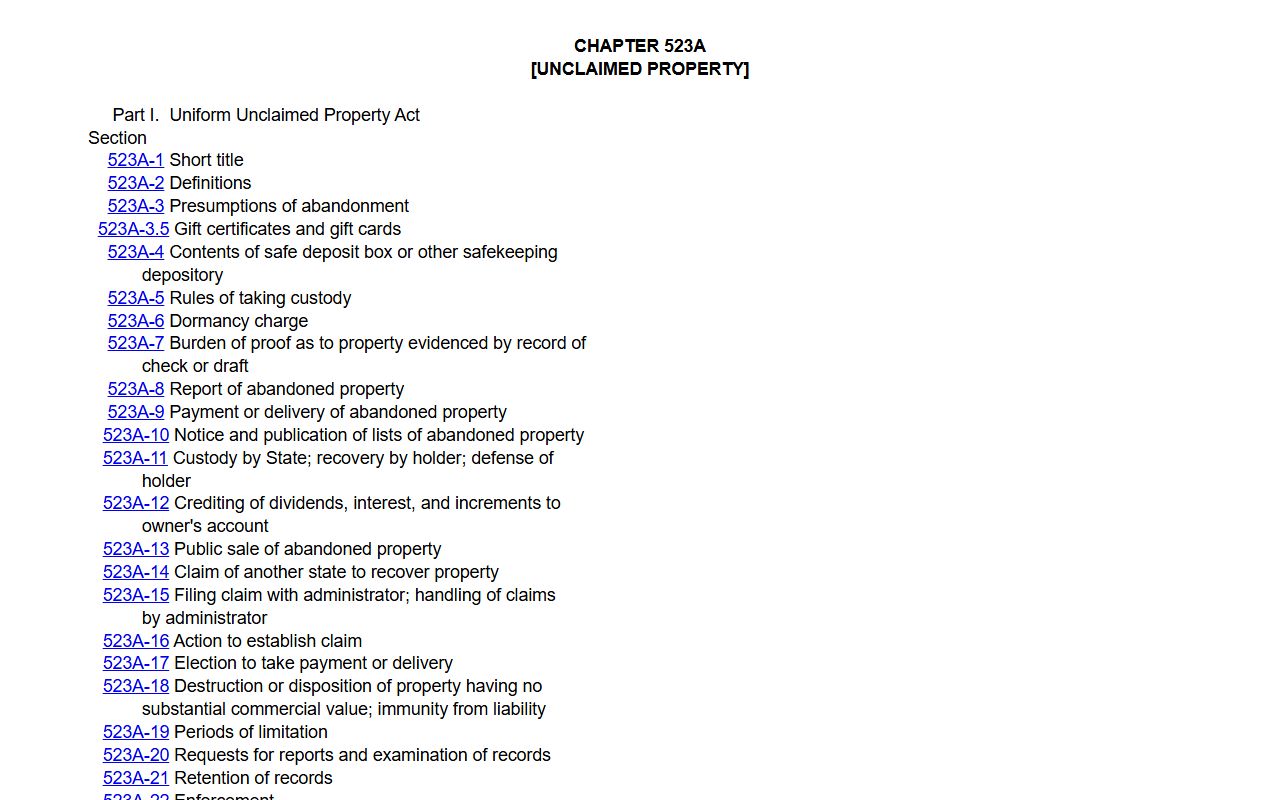 Hawaii Unclaimed Money - Hawaii Revised Statutes Chapter 523A Official Text