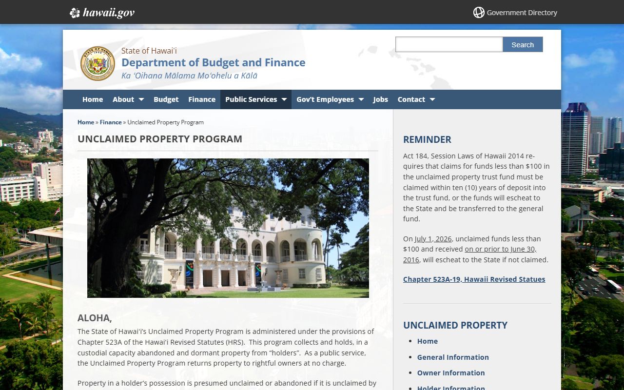 Hawaii Unclaimed Money - Department of Budget and Finance Main Program Page