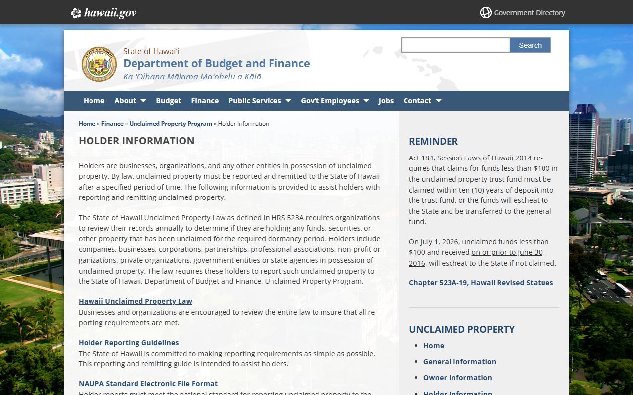 Hawaii Unclaimed Money - Holder Reporting Requirements and Information