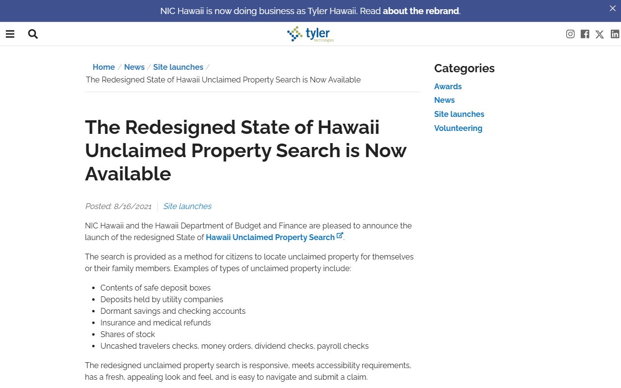 Hawaii Unclaimed Money - Redesigned State Search Portal Launch